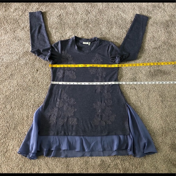 LOGO Lounge Top XS Jersey Knit Chiffon Flared Hem Embroidered Boho Pullover - Picture 4 of 11